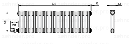 Схема (чертеж) Радиатор Zehnder Charleston 2030/20 №V004 Белый глянцевый RAL 9016